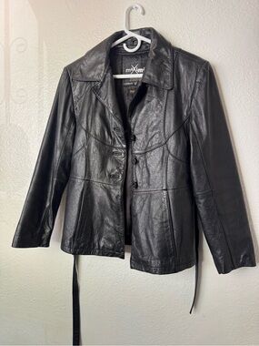 Maxima Black Leather Button-Front Jacket with Waist Tie